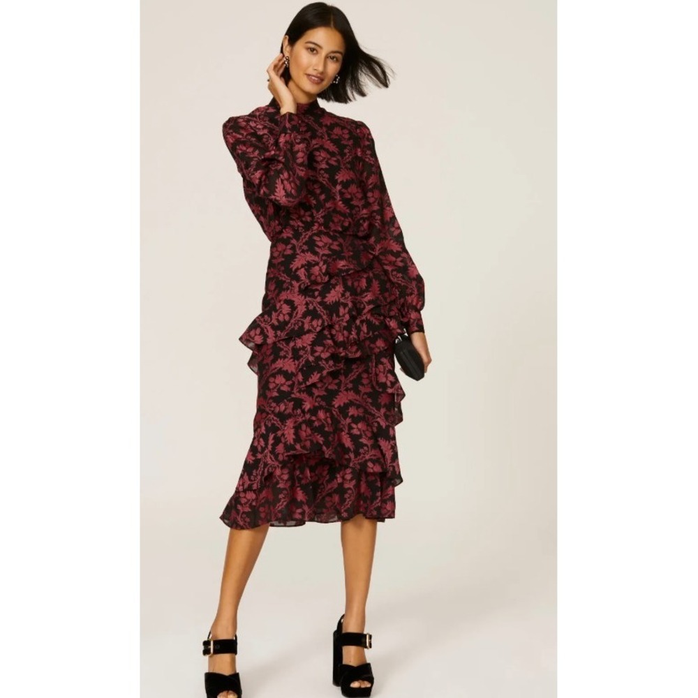 Saloni Isa Ruffle Midi Dress Tiered Silk Blend Red Black Damask US 6 *READ FLAW*